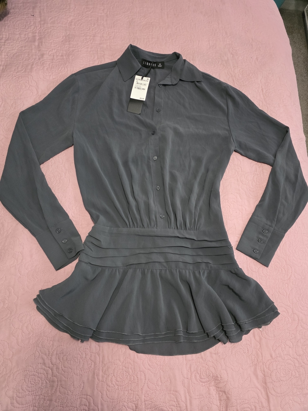Lioness Gray Long-Sleeve Pleated Peplum Dress